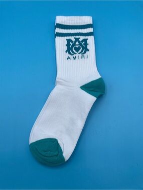 AMIRI White Crew Socks with Teal Accents and Logo